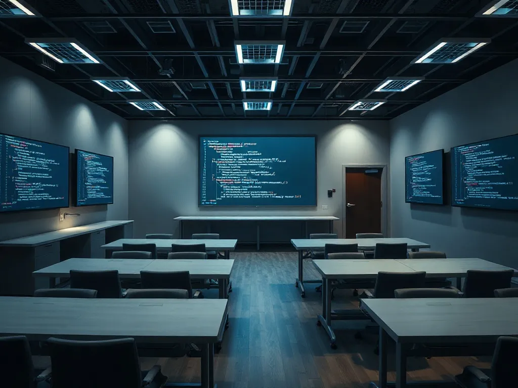 A clean, minimalist high-tech classroom with modular furnitu